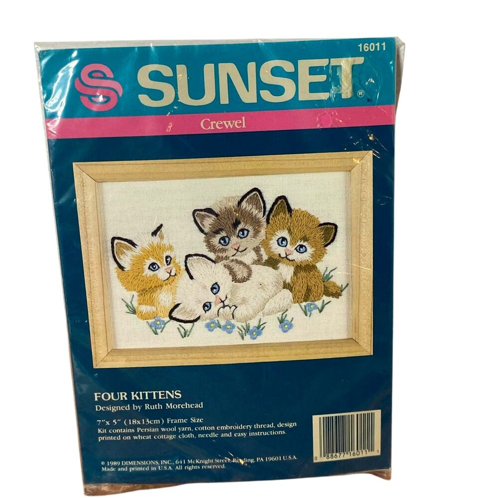 Sunset Vintage 1989 Crewel Kit " Four Kittens " Ruth Morehead 7x5 NIB